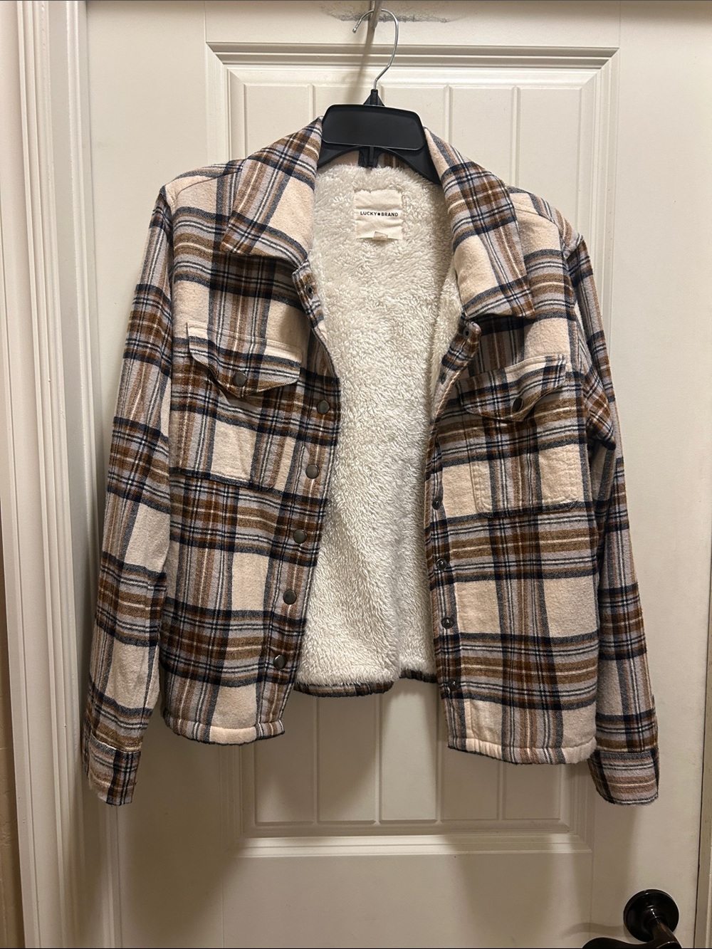 Lucky Brand S Cream and Brown Plaid Teddy Jacket